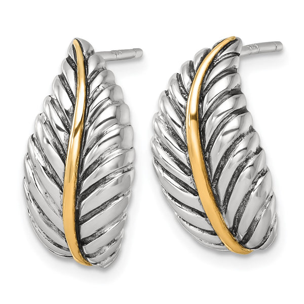 Sterling Silver Antiqued w/14k Accent Polished Feather Post Earrings
