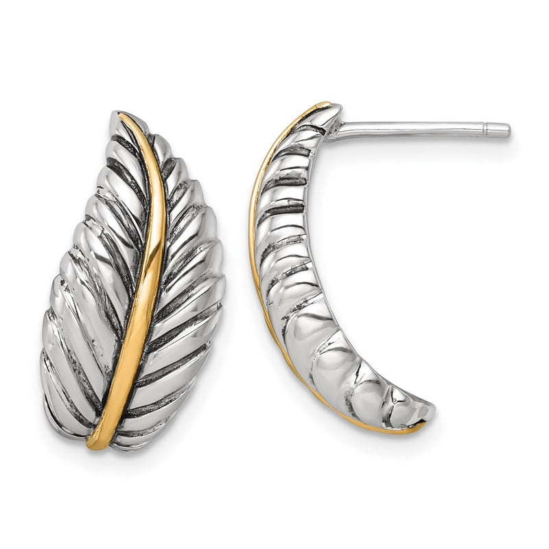 Sterling Silver Antiqued w/14k Accent Polished Feather Post Earrings