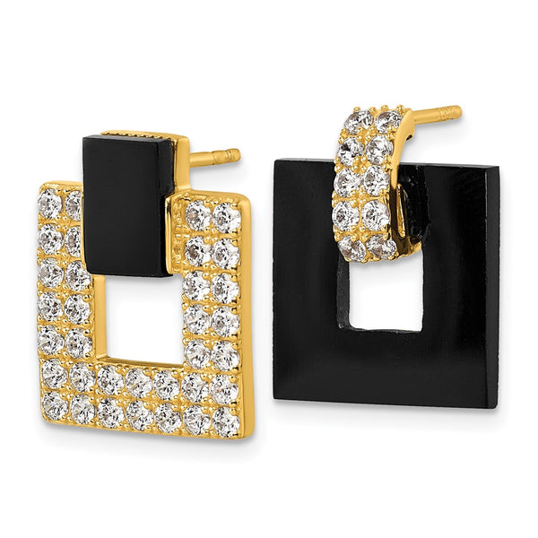 Sterling Silver Gold-tone CZ Black Agate Square Dangle Mis-Matched Earrings