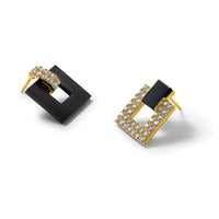 Sterling Silver Gold-tone CZ Black Agate Square Dangle Mis-Matched Earrings