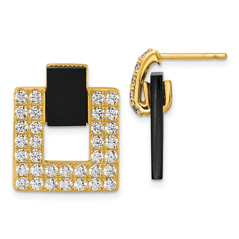 Sterling Silver Gold-tone CZ Black Agate Square Dangle Mis-Matched Earrings