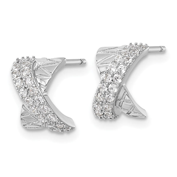 Sterling Silver RH-plated Polished and Patterned X CZ Post Earrings