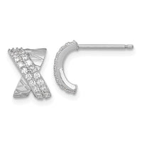 Sterling Silver RH-plated Polished and Patterned X CZ Post Earrings