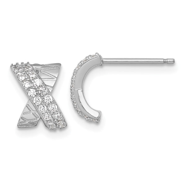 Sterling Silver RH-plated Polished and Patterned X CZ Post Earrings