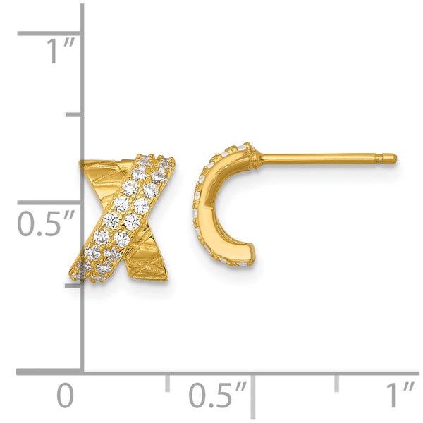 Sterling Silver Gold-tone Polished and Patterned X CZ Post Earrings