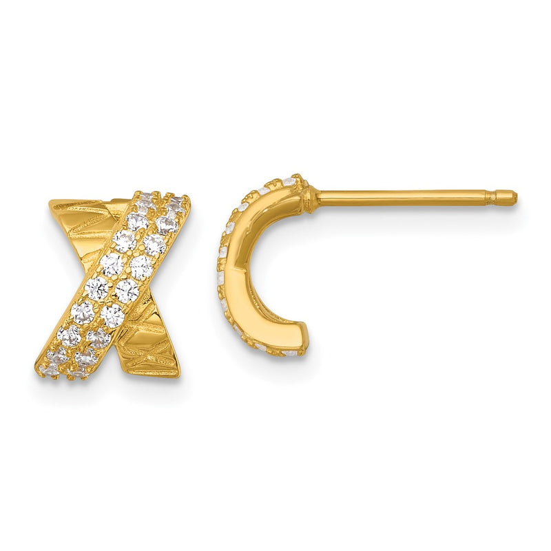 Sterling Silver Gold-tone Polished and Patterned X CZ Post Earrings