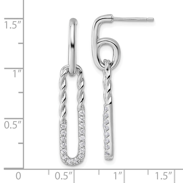 Sterling Silver Rhodium-plated CZ Twisted Paper Clip Dangle Post Earrings