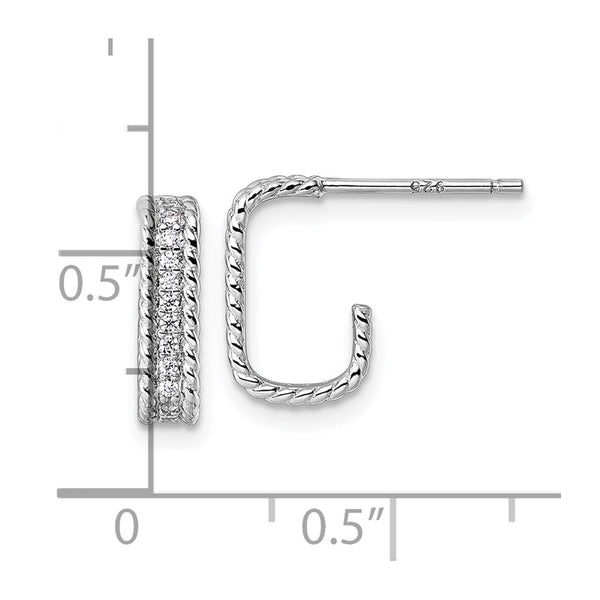 Sterling Silver Rhodium-plated CZ Textured Rectangle Post J-Hoop Earrings