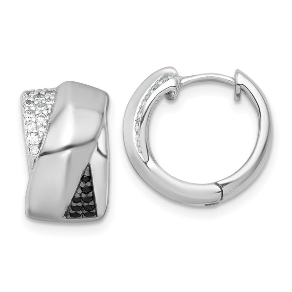 Sterling Silver RH-pltd Polished Black/White CZ Round Hinged Hoop Earrings