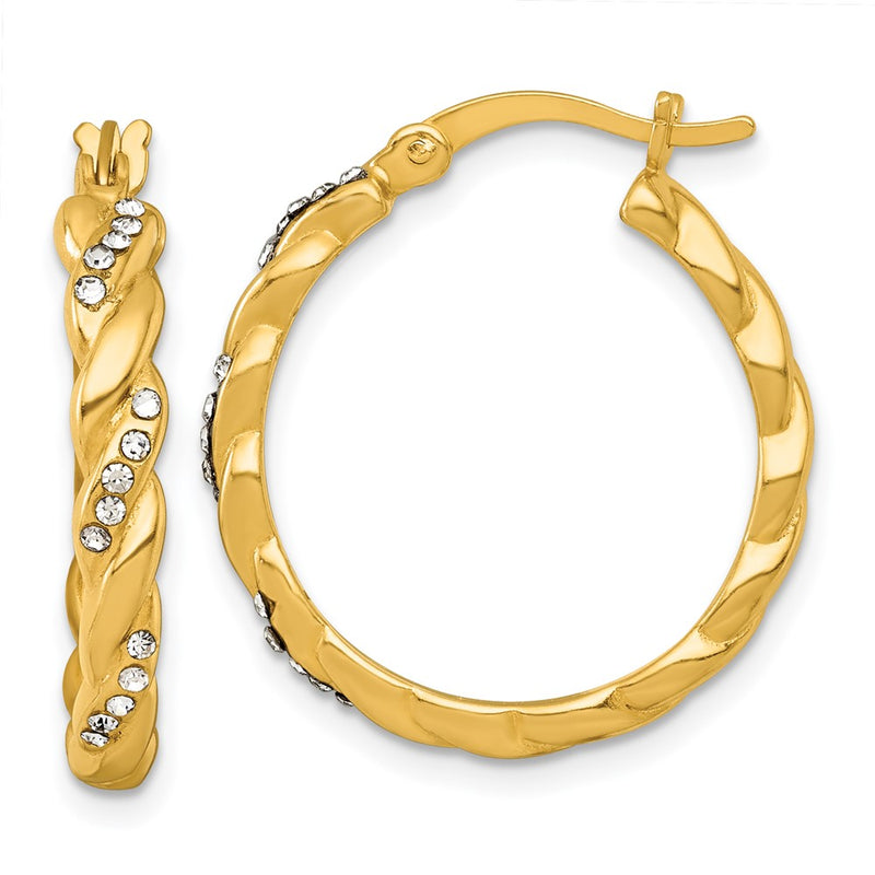 Sterling Silver Gold-tone Polished Twisted Glass Stones Round Hoop Earrings