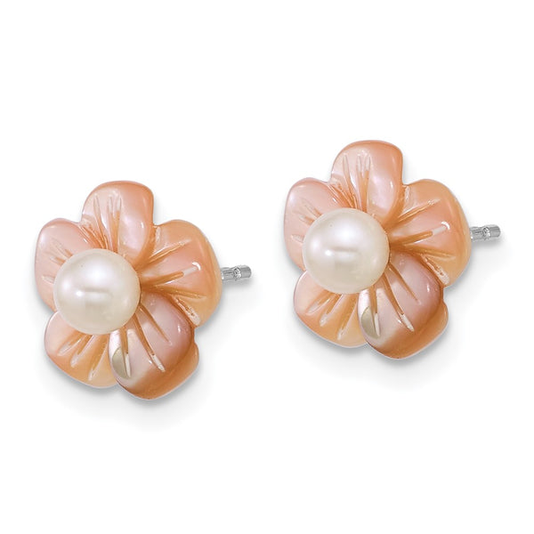 Sterling Silver Rh-plated 3-4mm Wht FWC/Pink MOP Flower Earrings
