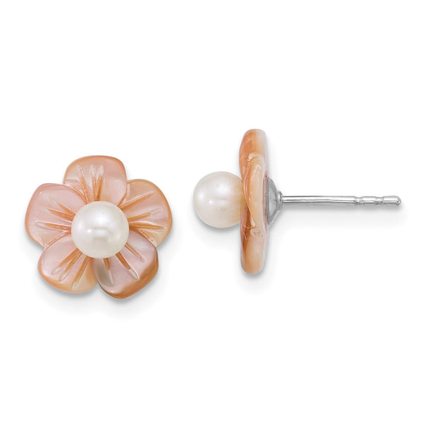 Sterling Silver Rh-plated 3-4mm Wht FWC/Pink MOP Flower Earrings