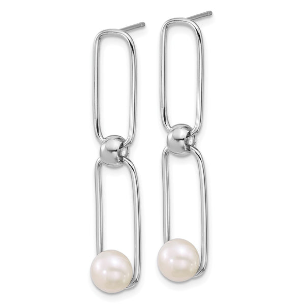 Sterling Silver Rh-plated 6-7mm FWC Pearl Link Post Dangle Earrings