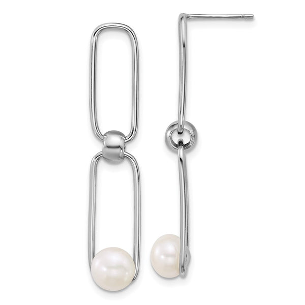 Sterling Silver Rh-plated 6-7mm FWC Pearl Link Post Dangle Earrings