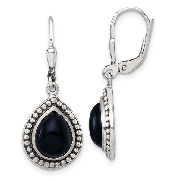 Sterling Silver Antiqued Onyx Teardrop Leverback Dangle Earrings