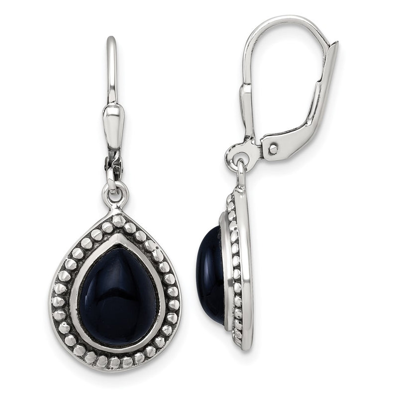 Sterling Silver Antiqued Onyx Teardrop Leverback Dangle Earrings