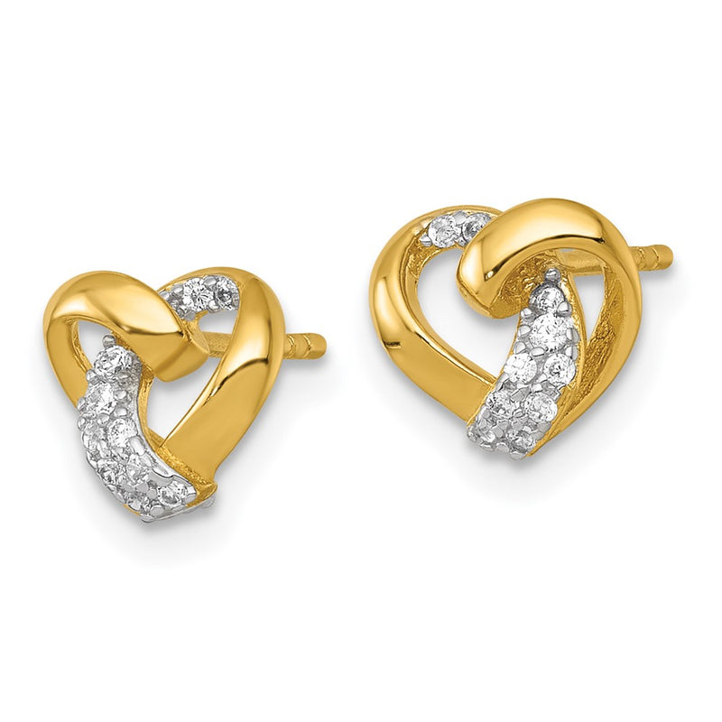 Sterling Silver RH-pl Gold-tone Polished CZ Love Knot Heart Post Earrings
