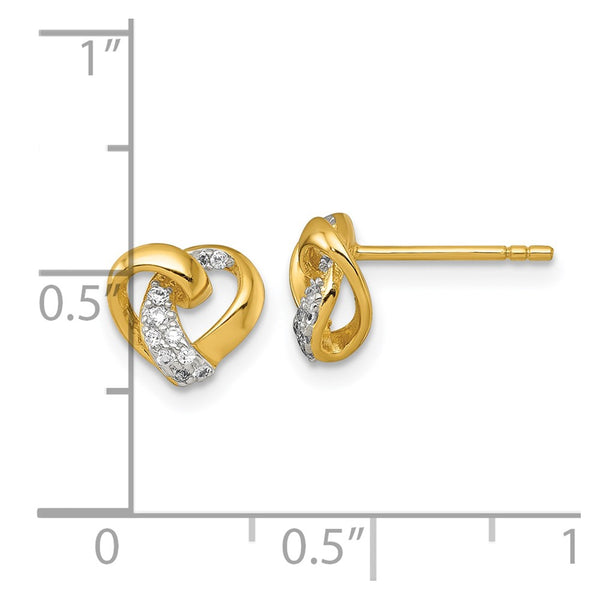 Sterling Silver RH-pl Gold-tone Polished CZ Love Knot Heart Post Earrings