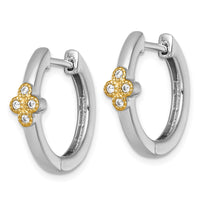 Sterling Silver RH-pl w/14k Accent Polished CZ Hinged Hoop Earrings