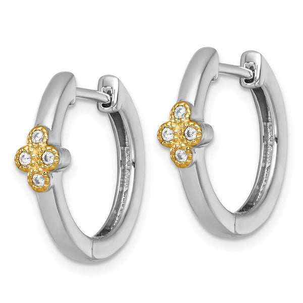 Sterling Silver RH-pl w/14k Accent Polished CZ Hinged Hoop Earrings