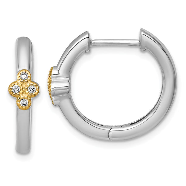 Sterling Silver RH-pl w/14k Accent Polished CZ Hinged Hoop Earrings