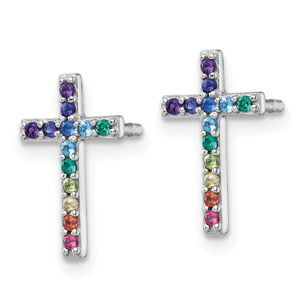 Sterling Silver RH-pl Multi Color Nano Crystal Children Cross Post Earrings