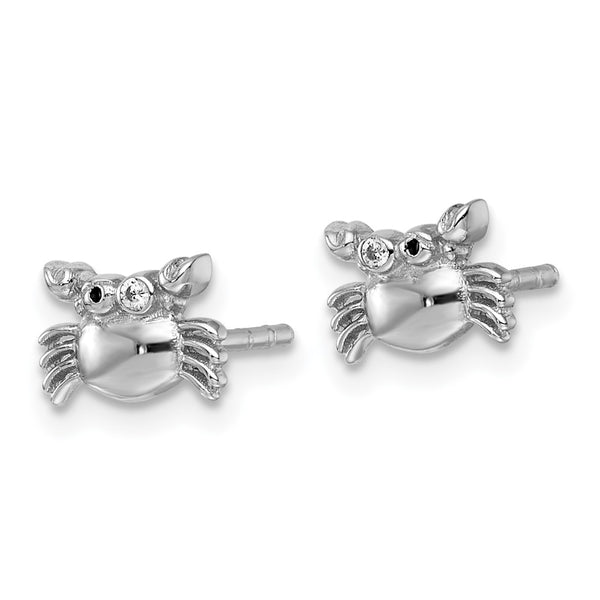Sterling Silver RH-pl Polished Black Enamel CZ Crab Children's Post Earring