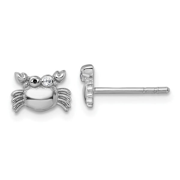 Sterling Silver RH-pl Polished Black Enamel CZ Crab Children's Post Earring