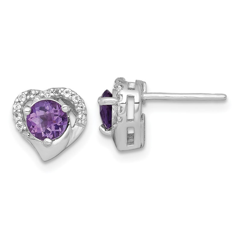 Sterling Silver RH-plated Amethyst/White Topaz Heart Post Earrings