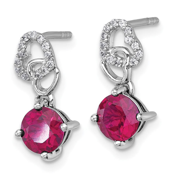 SS RH-plated Polished Cr. Ruby & CZ Heart Post Dangle Earrings