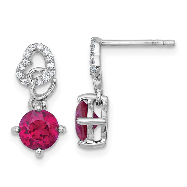SS RH-plated Polished Cr. Ruby & CZ Heart Post Dangle Earrings