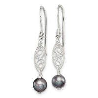 Sterling Silver Polished & Filigree Grey FW Cultured Pearl Dangle Earrings