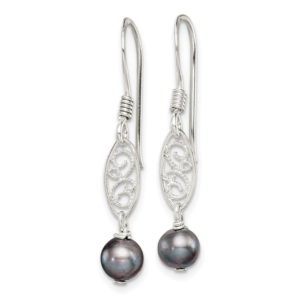 Sterling Silver Polished & Filigree Grey FW Cultured Pearl Dangle Earrings