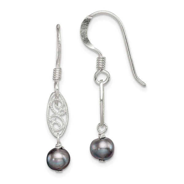 Sterling Silver Polished & Filigree Grey FW Cultured Pearl Dangle Earrings
