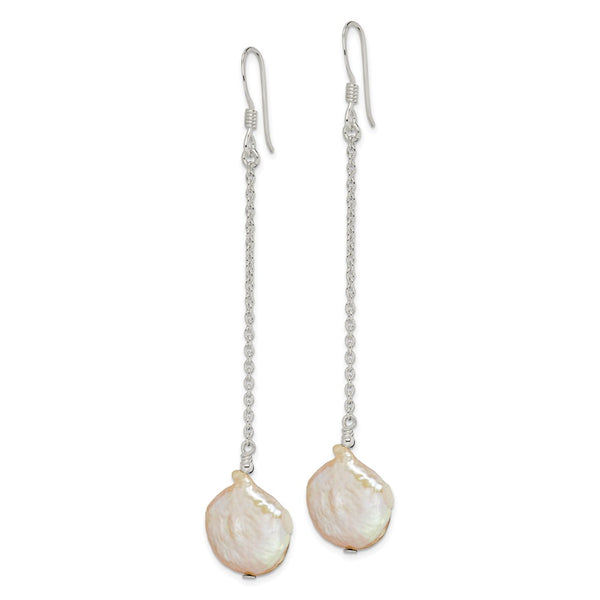 Sterling Silver Polished Freshwater Cultured Coin Pearl Dangle Earrings