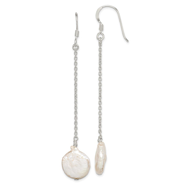 Sterling Silver Polished Freshwater Cultured Coin Pearl Dangle Earrings