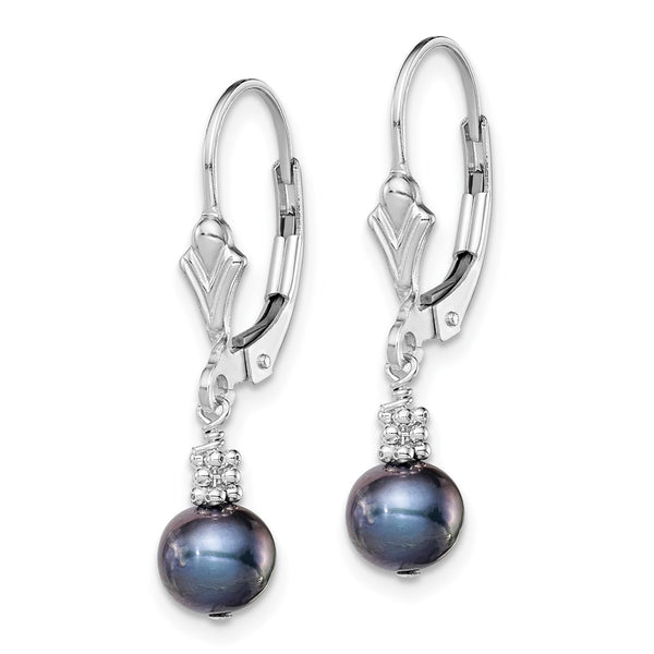 Sterling Silver RH-plated Black FW Cultured Pearl Leverback Earrings