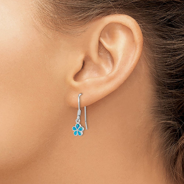 Sterling Silver Rhod-pltd Created Blue Opal Inlay Flower Dangle Earrings