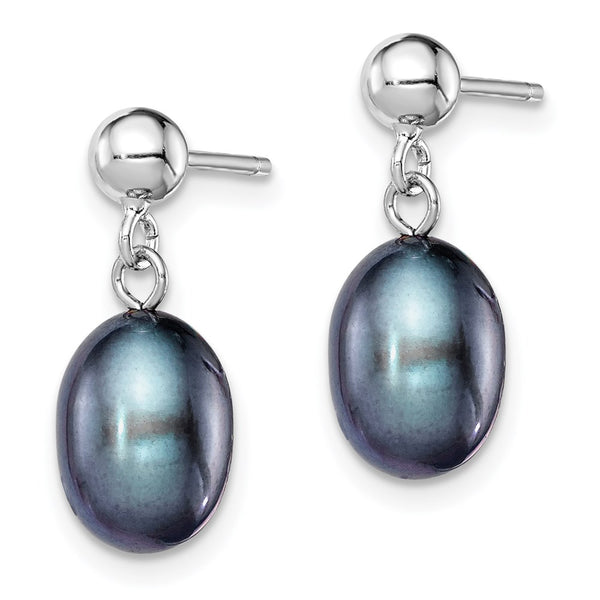 Sterling Silver RH-plated 7-8mm Black FWC Pearl Post Dangle Earrings