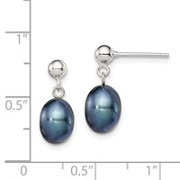 Sterling Silver RH-plated 7-8mm Black FWC Pearl Post Dangle Earrings