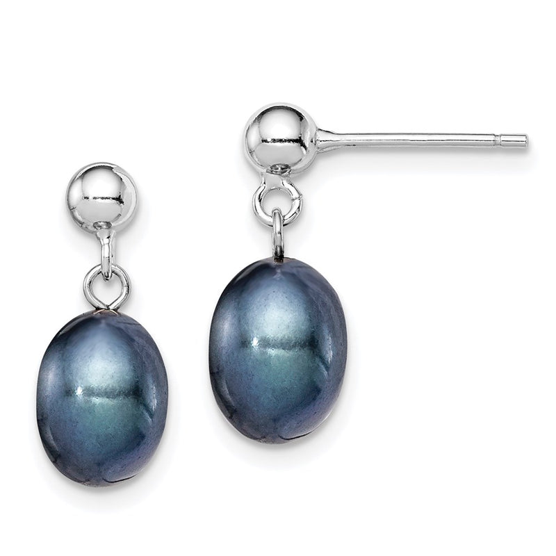 Sterling Silver RH-plated 7-8mm Black FWC Pearl Post Dangle Earrings