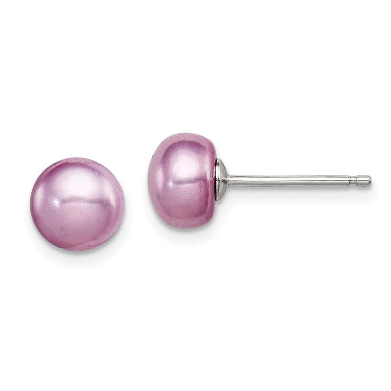 Sterling Silver Rhod-pltd Purple 6-7mm FWC Pearl Button Post Earrings