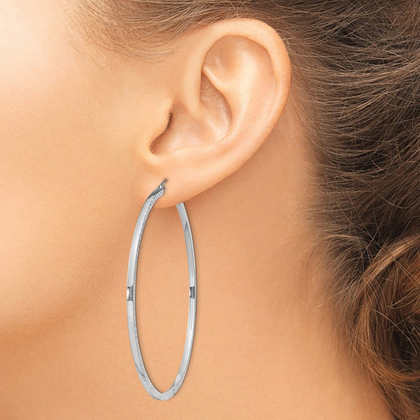 Sterling Silver Rhodium-plated Diamond-cut 2x60mm Square Tube Hoop Earrings