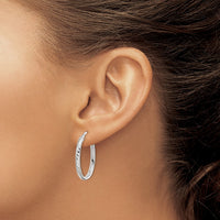 Sterling Silver Rhod-plated Textured 3mm Hollow Oval Hoop Earrings