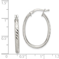 Sterling Silver Rhod-plated Textured 3mm Hollow Oval Hoop Earrings