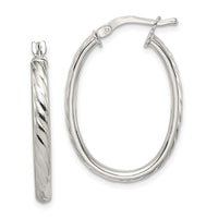 Sterling Silver Rhod-plated Textured 3mm Hollow Oval Hoop Earrings