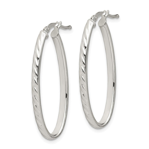 Sterling Silver Rhod-plated Textured 3mm Hollow Oval Hoop Earrings