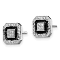 Sterling Silver RH-plated Black Enamel & PavÃ© CZ Square Halo Post Earrings