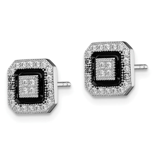 Sterling Silver RH-plated Black Enamel & PavÃ© CZ Square Halo Post Earrings
