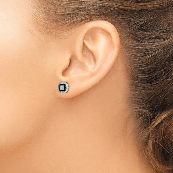 Sterling Silver RH-plated Black Enamel & PavÃ© CZ Square Halo Post Earrings